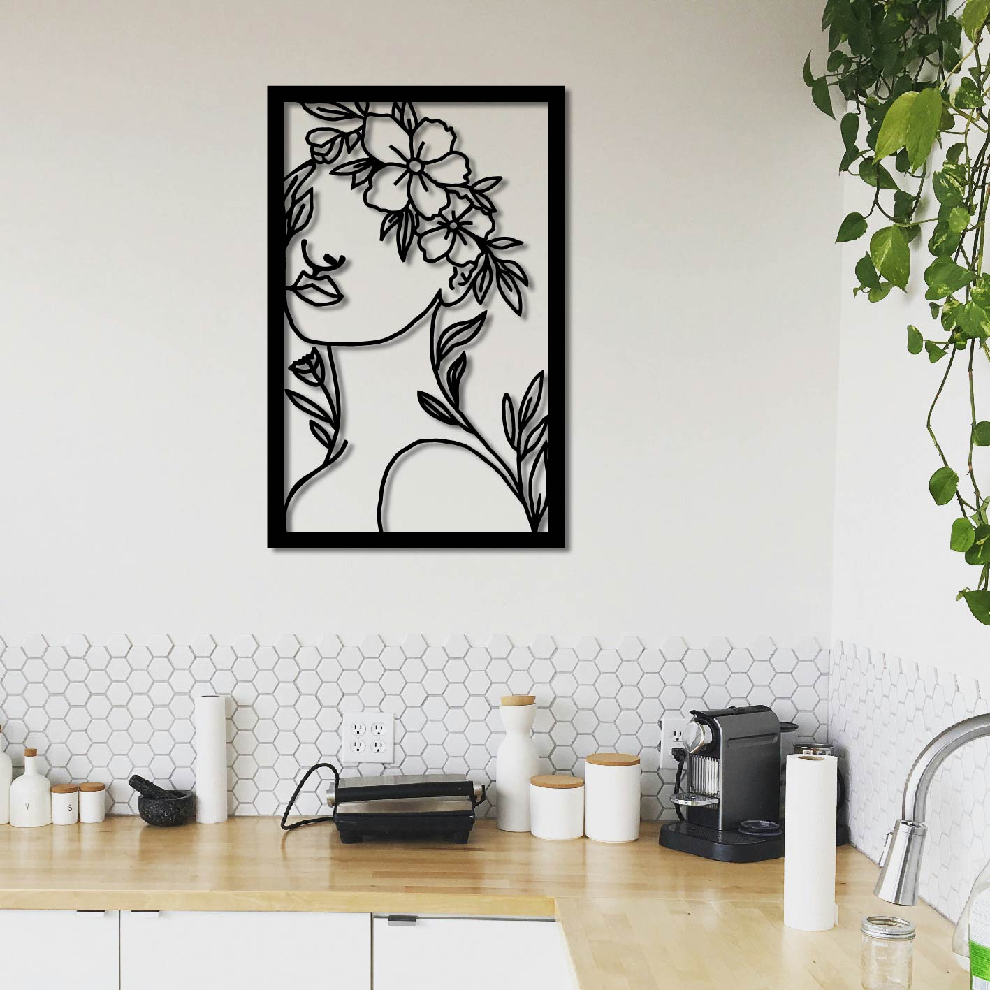 WOMAN FLOWER CROWN METAL WALL ART