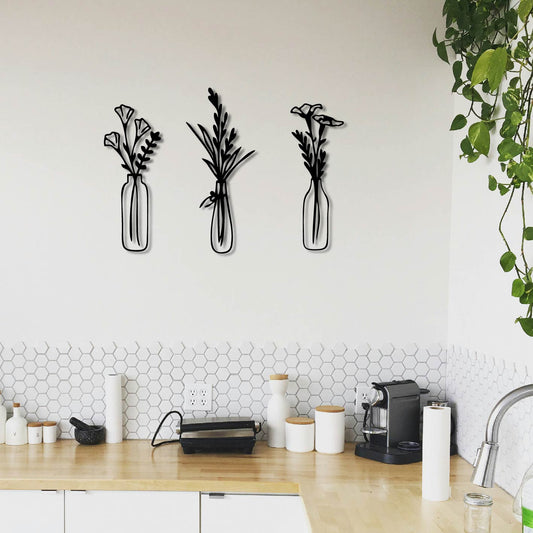 3 PIECE GLASS VASES WITH FLOWERS METAL WALL ART