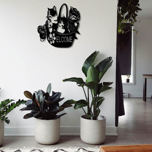 WELCOME CATS IN BASKET METAL WALL ART