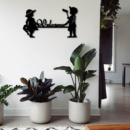 WELCOME CUTE BOY AND GIRL SIGN METAL WALL ART