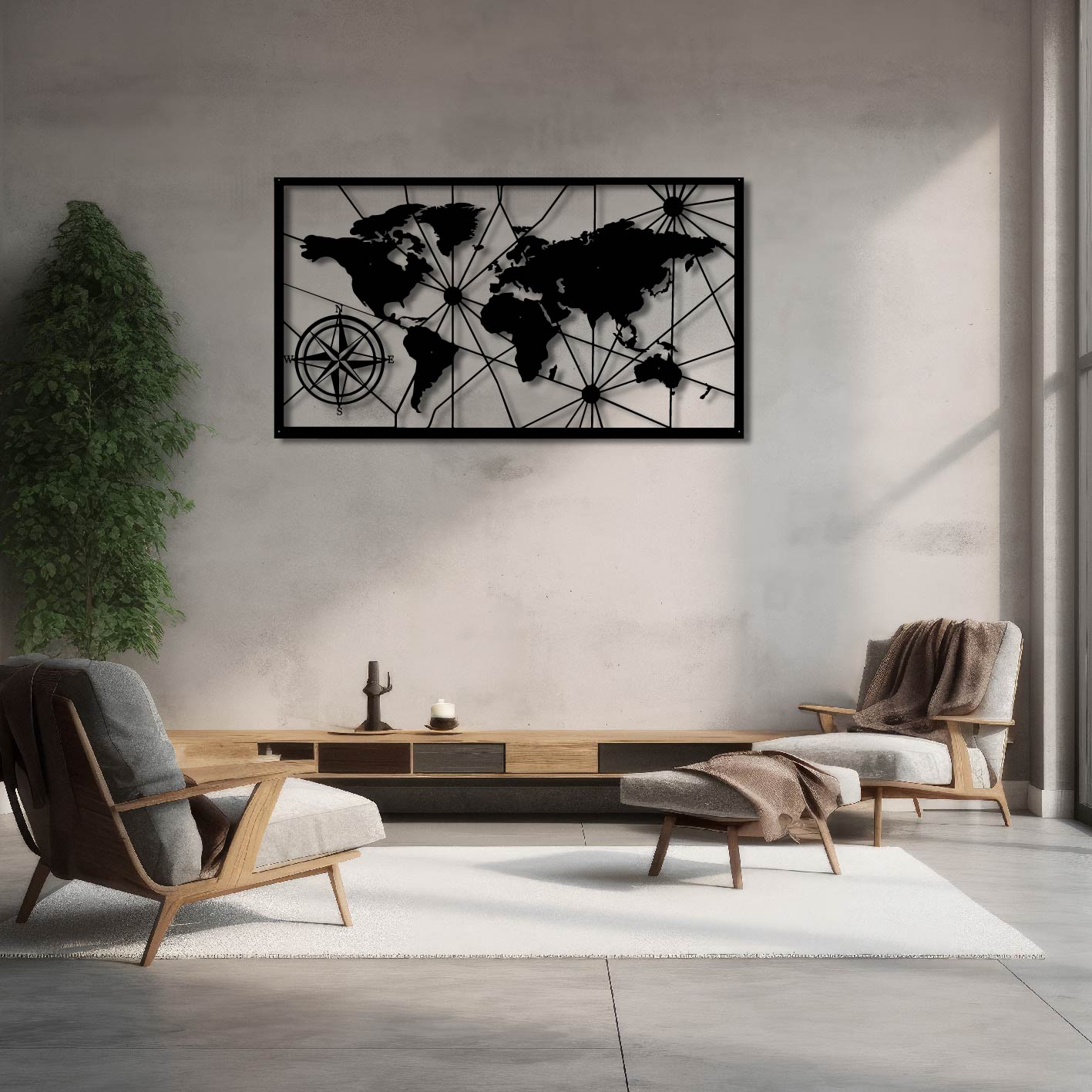 WORLD MAP AND COMPASS METAL WALL ART