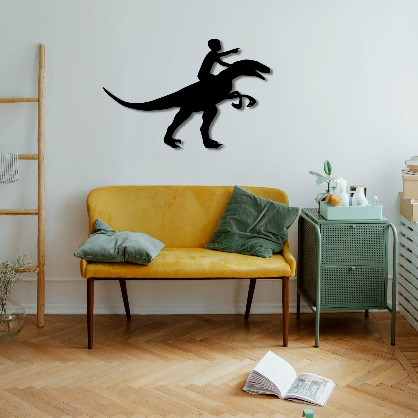 CHILD RIDING DINOSAUR METAL WALL ART