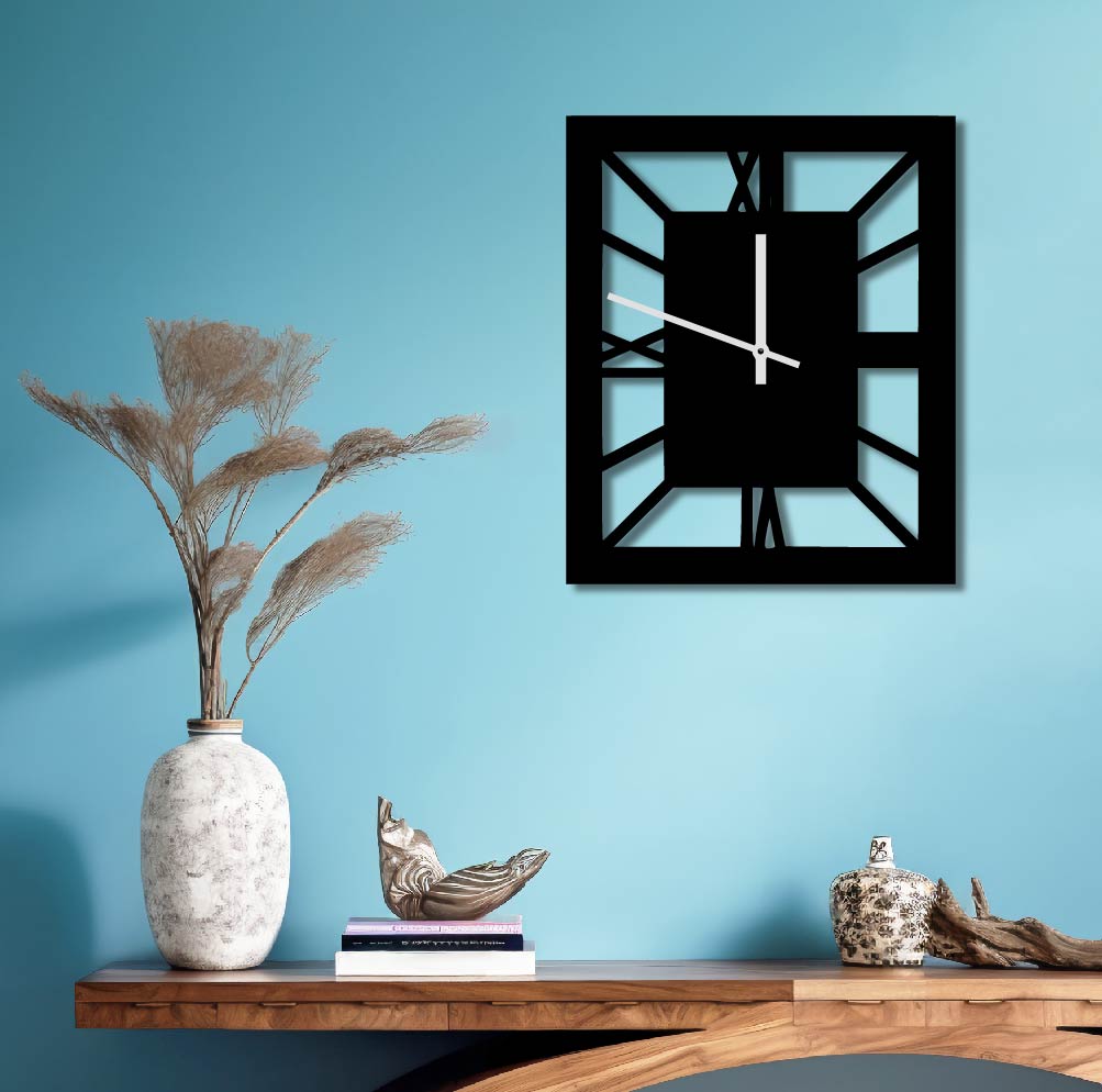 RECTANGLE FRAME ROMAN NUMERAL METAL WALL ART CLOCK