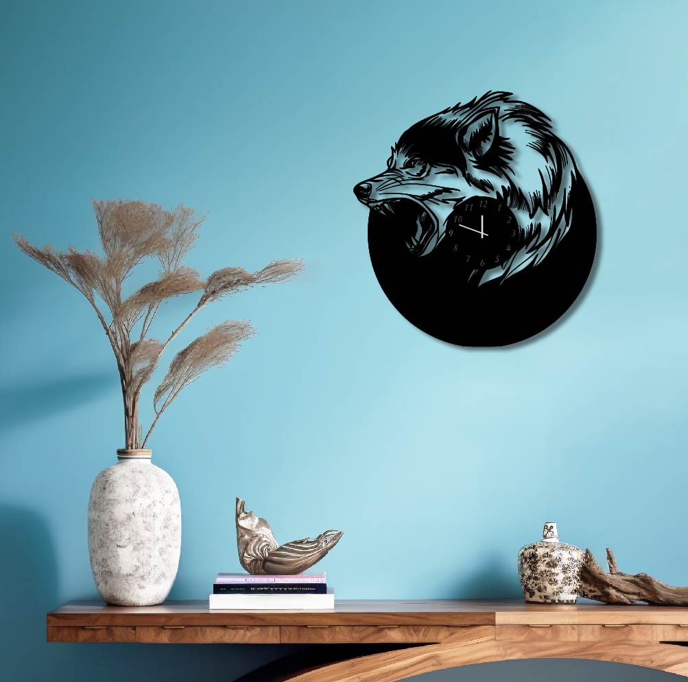 WOLF HEAD METAL WALL ART CLOCK
