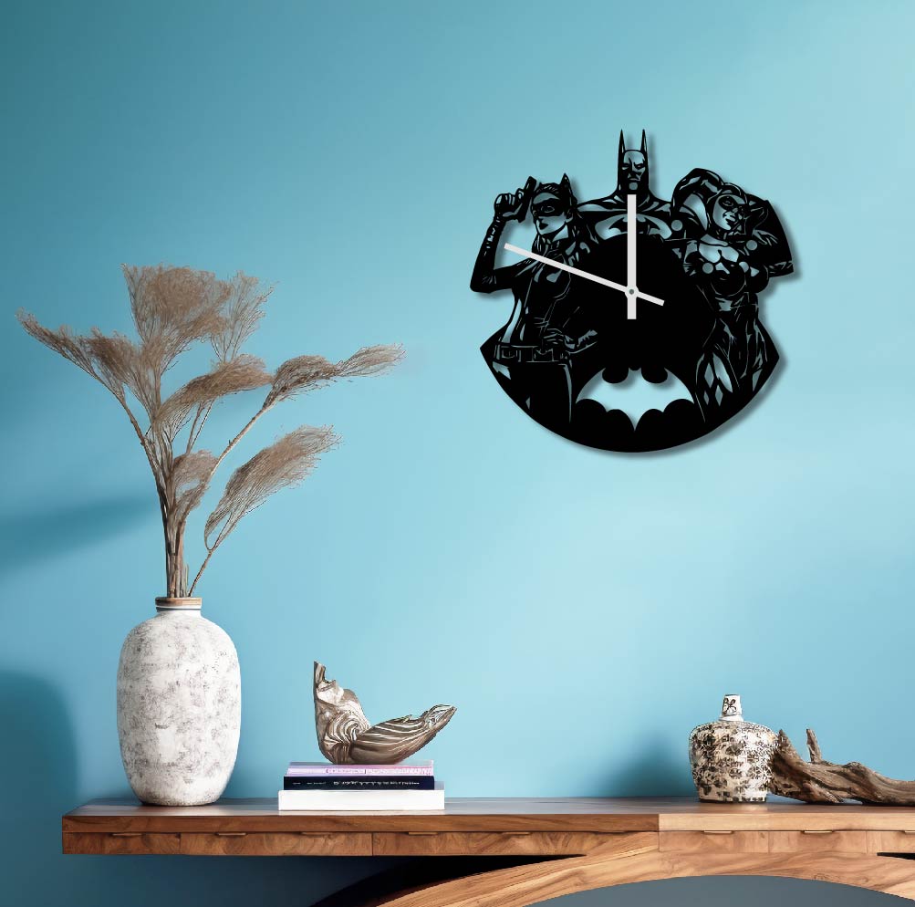 BATMAN CATWOMAN AND HARLEY METAL WALL ART CLOCK