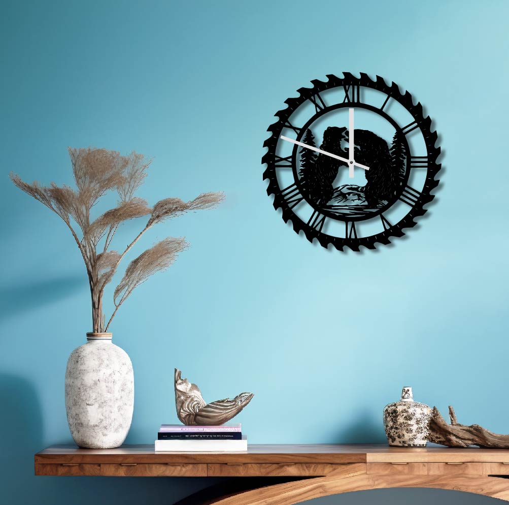 BEARS FIGHTING METAL WALL ART CLOCK