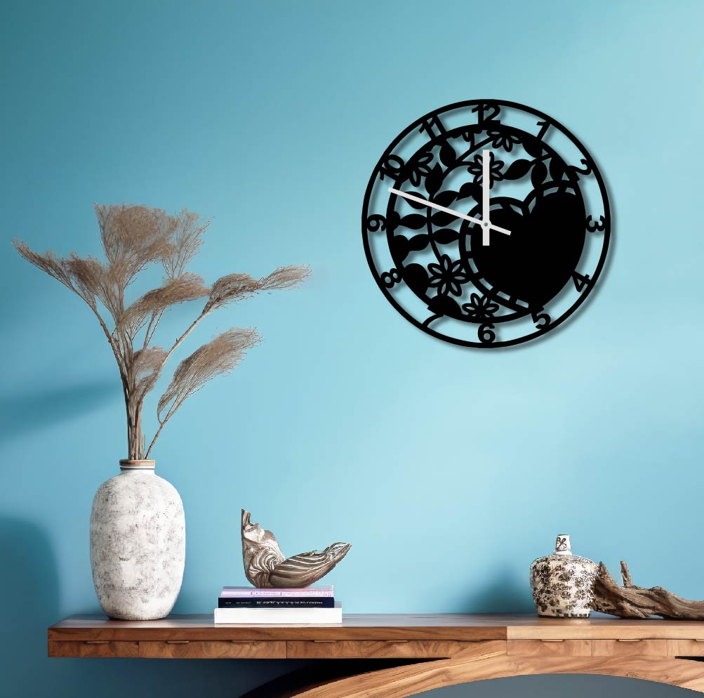 HEART AND FLOWERS METAL WALL ART CLOCK