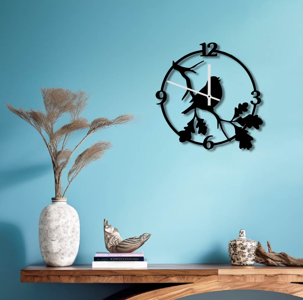 BIRD ON BRANCH METAL WALL ART CLOCK