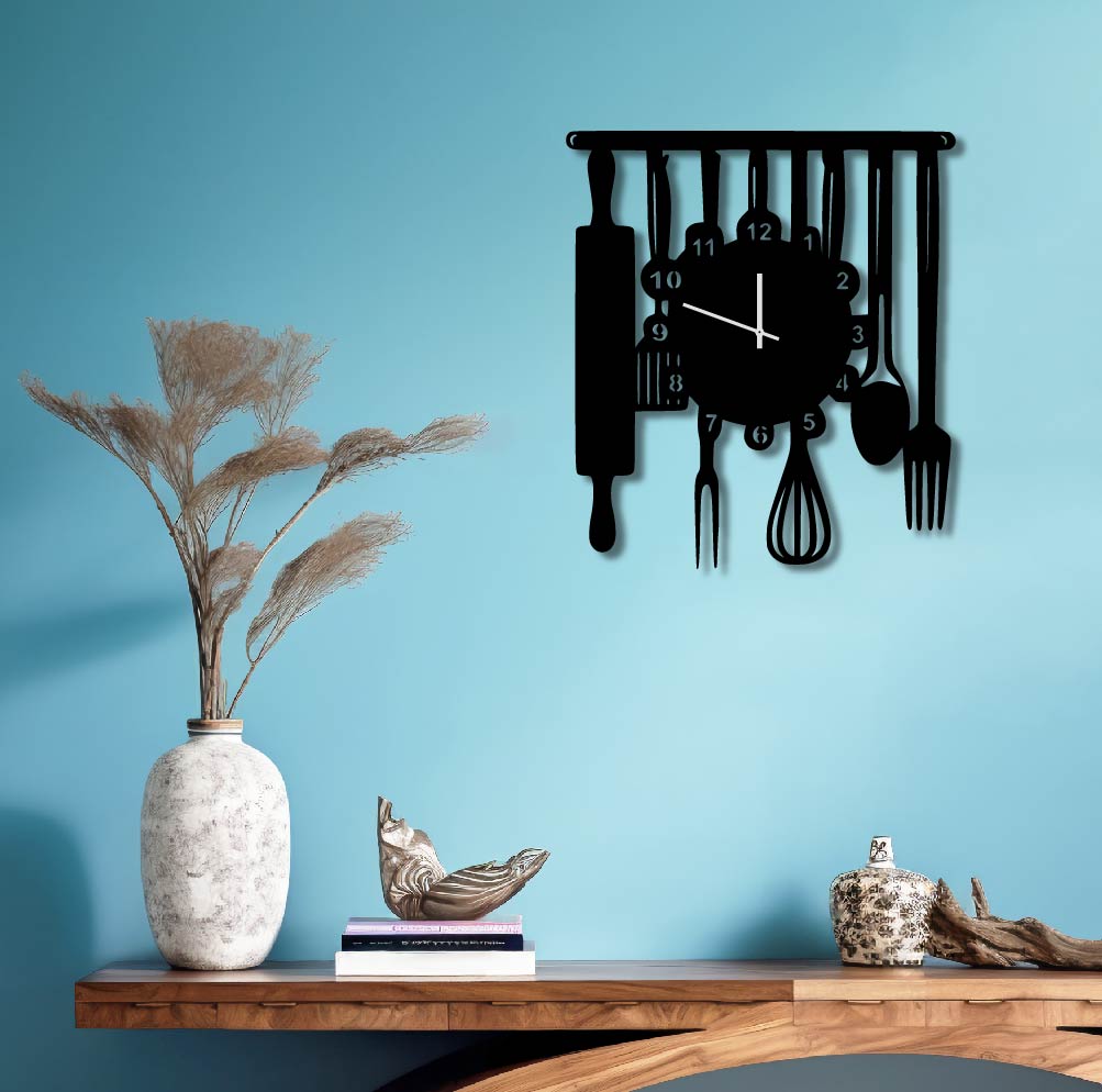 HANGING KITCHEN UTENSILS METAL WALL ART CLOCK