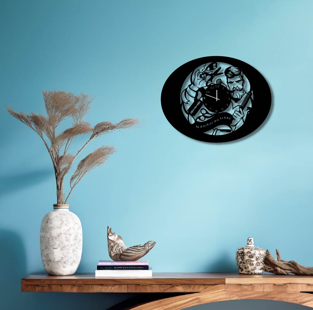 OVAL BARBER SHOP METAL WALL ART CLOCK