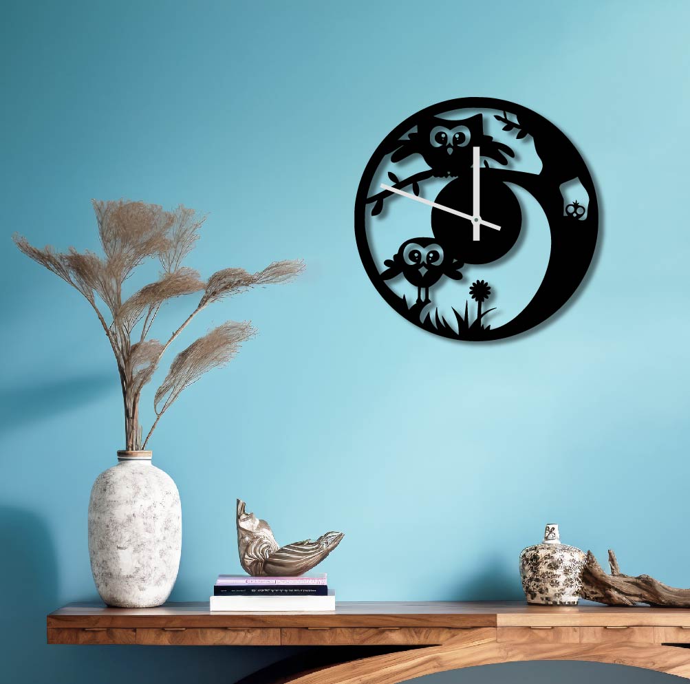 CUTE OWLS METAL WALL ART CLOCK