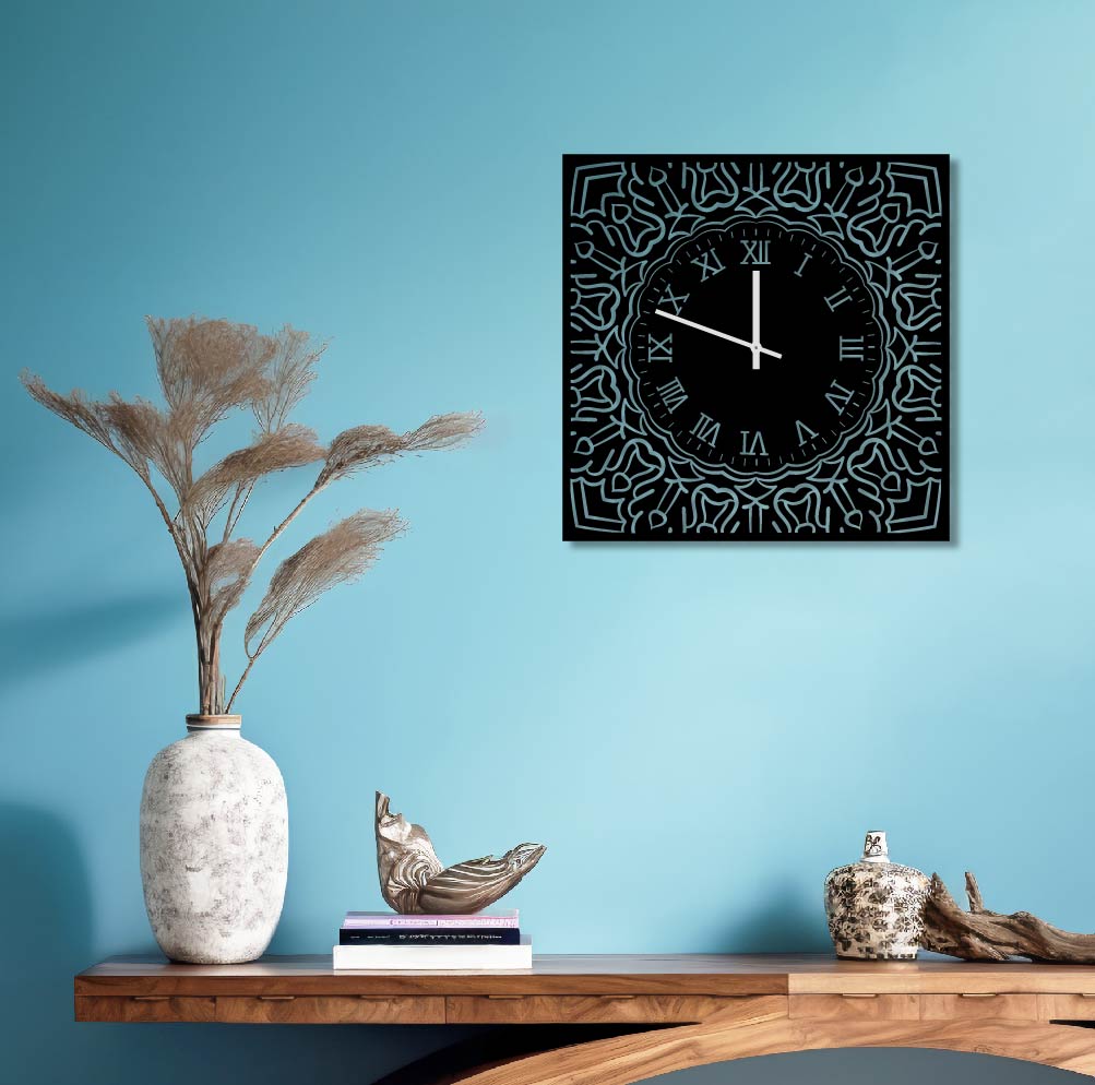 SQUARE MANDALA PATTERN METAL WALL ART CLOCK