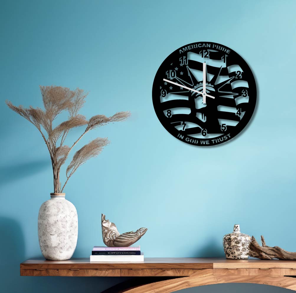 AMERICAN PRIDE IN GOD WE TRUST METAL WALL ART CLOCK