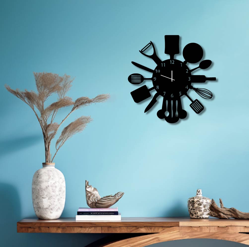 KITCHEN UTENSILS METAL WALL ART CLOCK