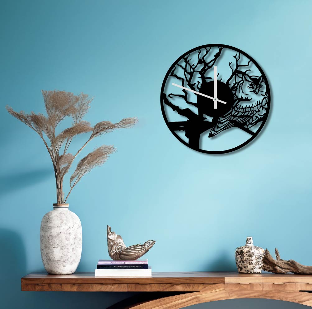 OWL METAL WALL ART CLOCK