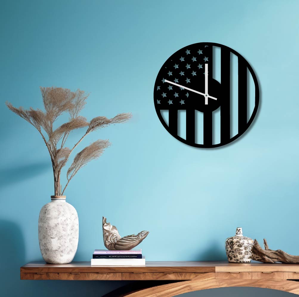USA FLAG METAL WALL ART CLOCK