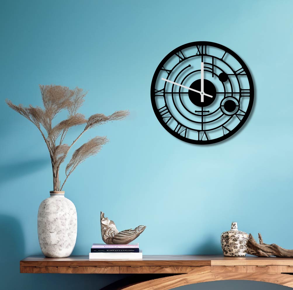 GEOMETRIC LINES ROMAN NUMERALS METAL WALL ART CLOCK