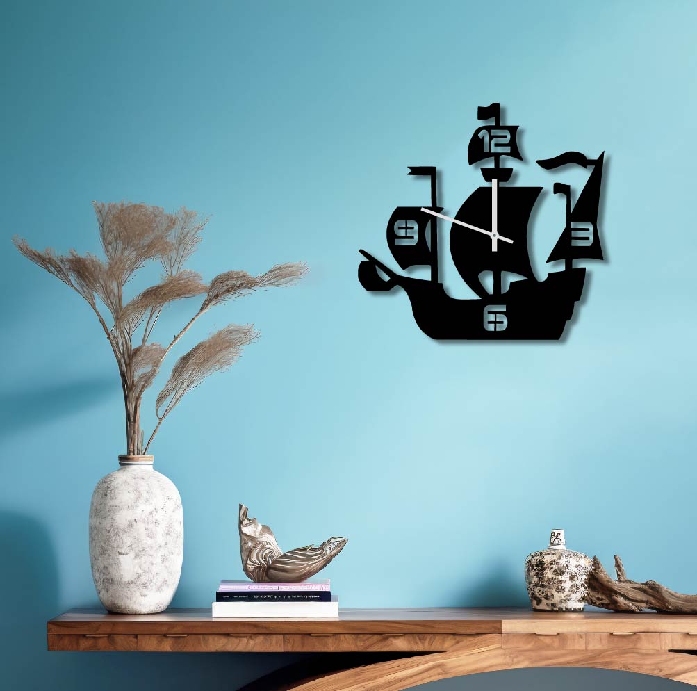 SHIP SILHOUETTE METAL WALL ART CLOCK