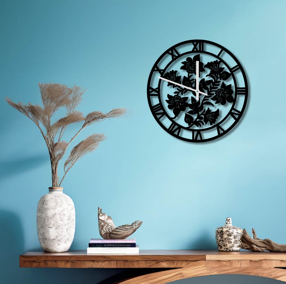 ROMAN NUMERAL FLOWERS METAL WALL ART CLOCK