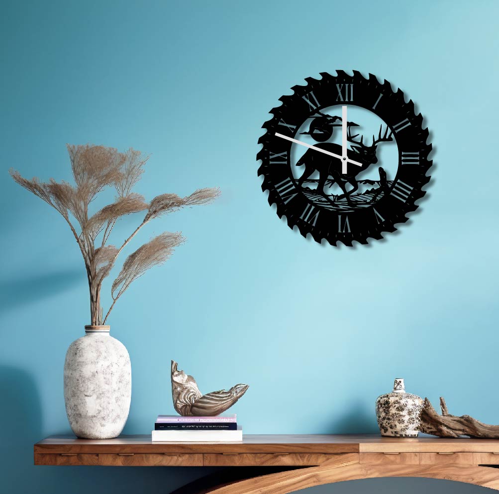 DEER STALKING METAL WALL ART CLOCK