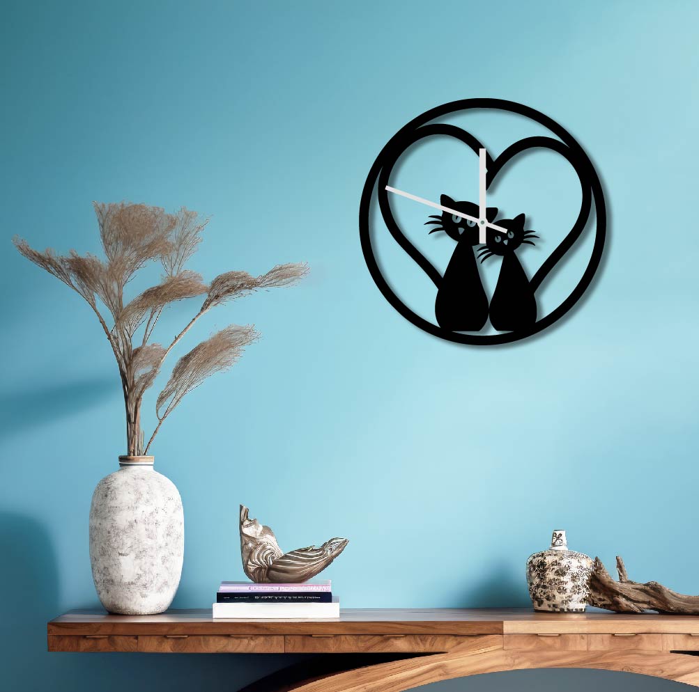 CATS HEART METAL WALL ART CLOCK