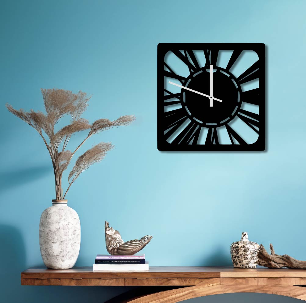 SQUARE FRAME ROMAN NUMERAL METAL WALL ART CLOCK