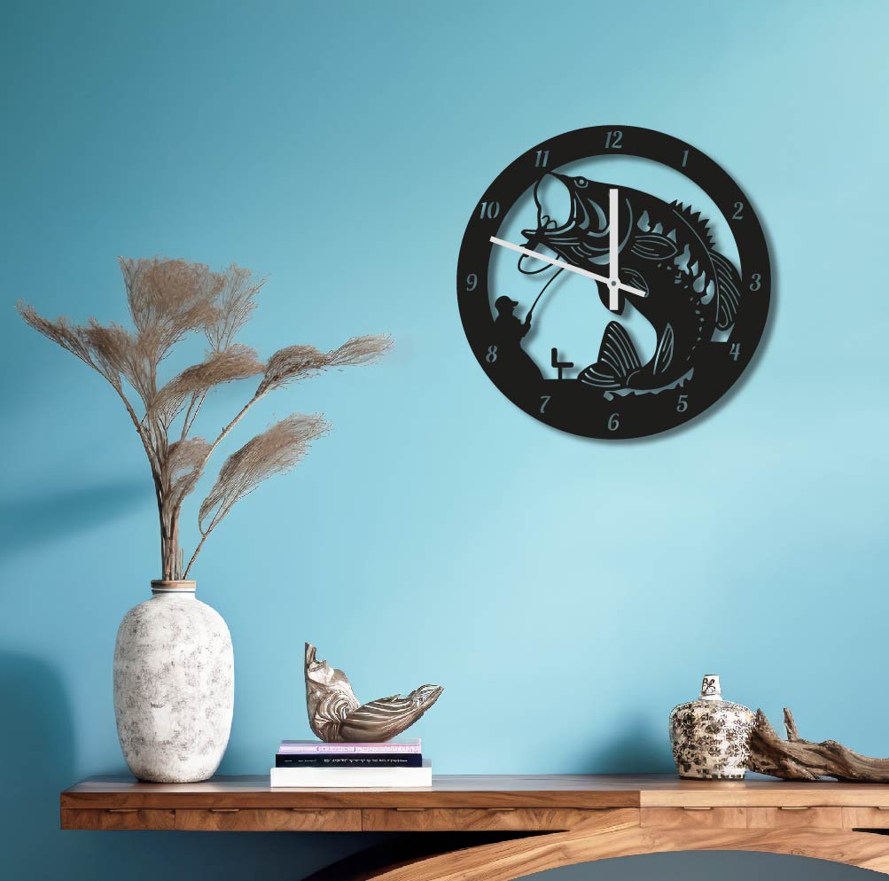 BASS FISH METAL WALL ART CLOCK