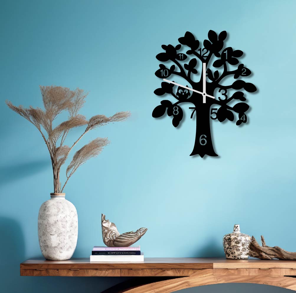 OWL IN TREE METAL WALL ART CLOCK