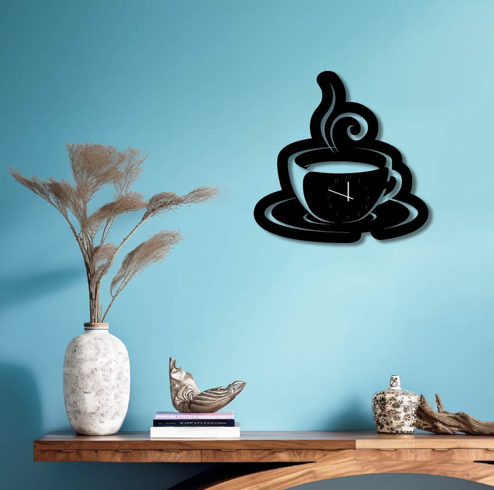 COFFEE CUP SILHOUETTE METAL WALL ART CLOCK