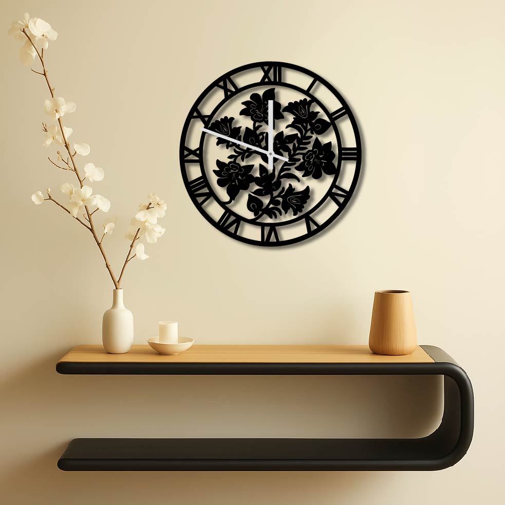 ROMAN NUMERAL FLOWERS METAL WALL ART CLOCK