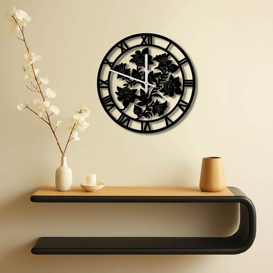 ROMAN NUMERAL FLOWERS METAL WALL ART CLOCK