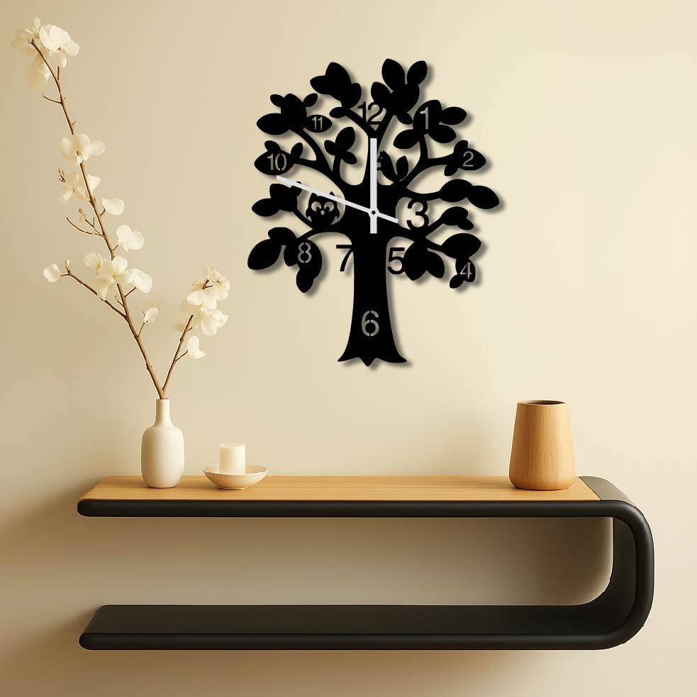 OWL IN TREE METAL WALL ART CLOCK