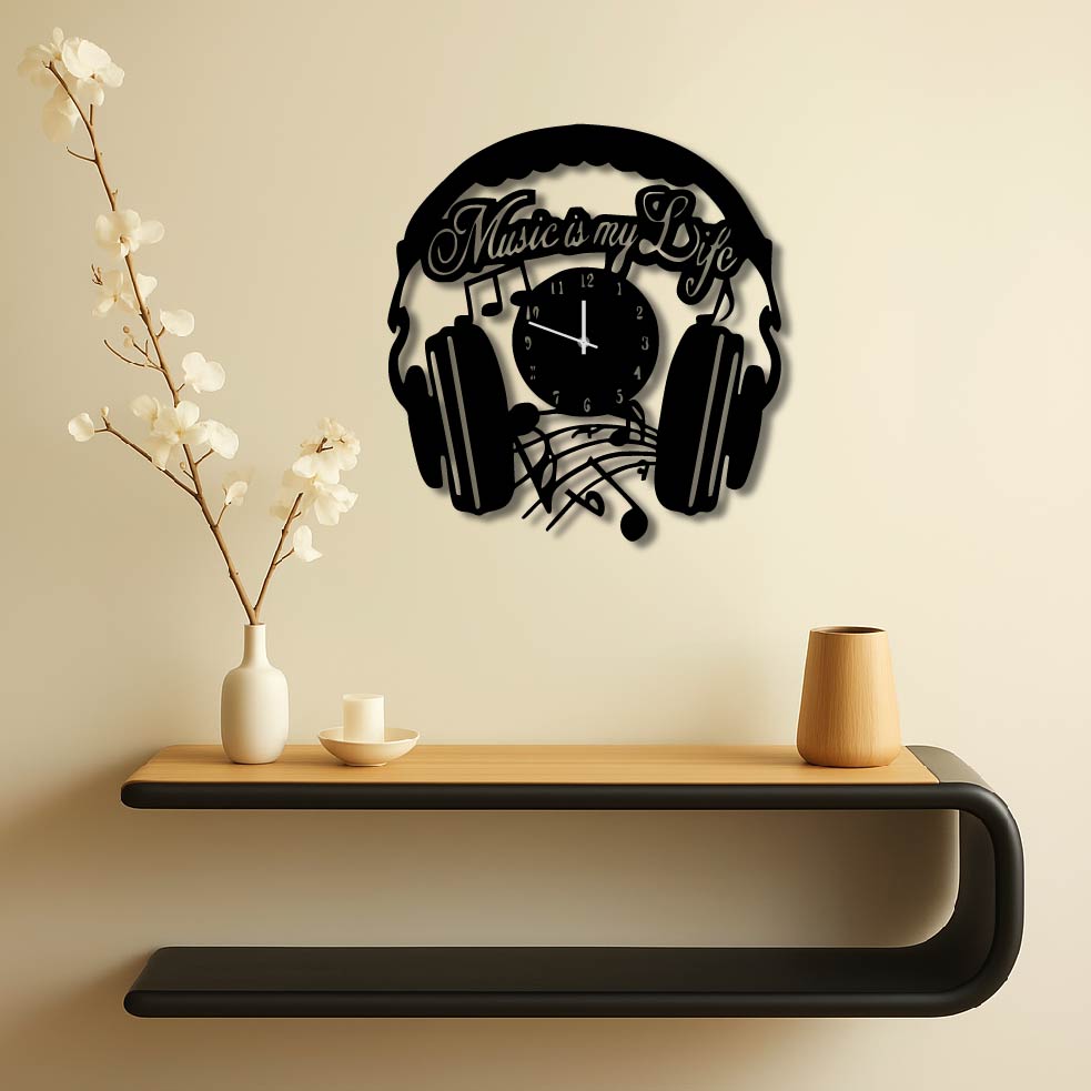MUSIC IS MY STYLE HEADPHONES METAL WALL ART CLOCK