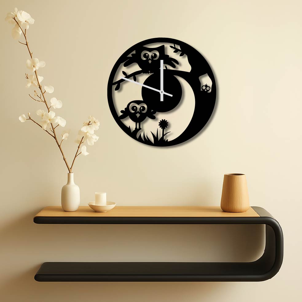 CUTE OWLS METAL WALL ART CLOCK