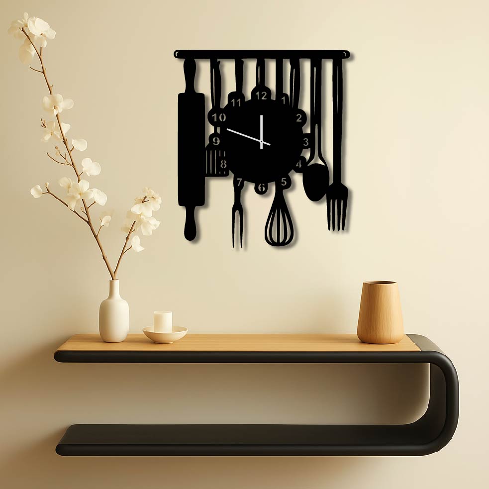 HANGING KITCHEN UTENSILS METAL WALL ART CLOCK