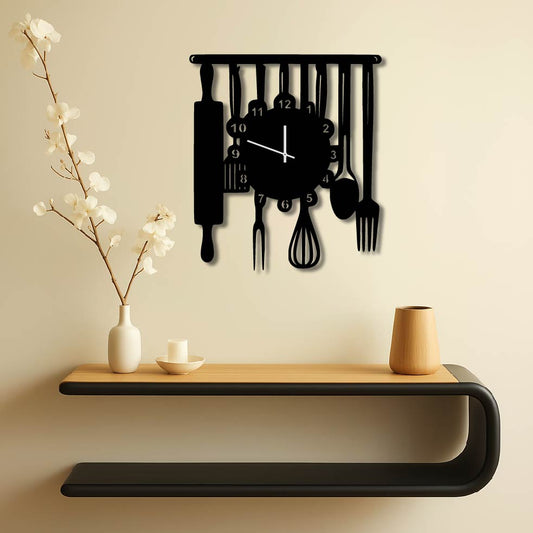 HANGING KITCHEN UTENSILS METAL WALL ART CLOCK