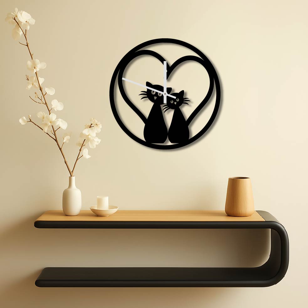 CATS HEART METAL WALL ART CLOCK