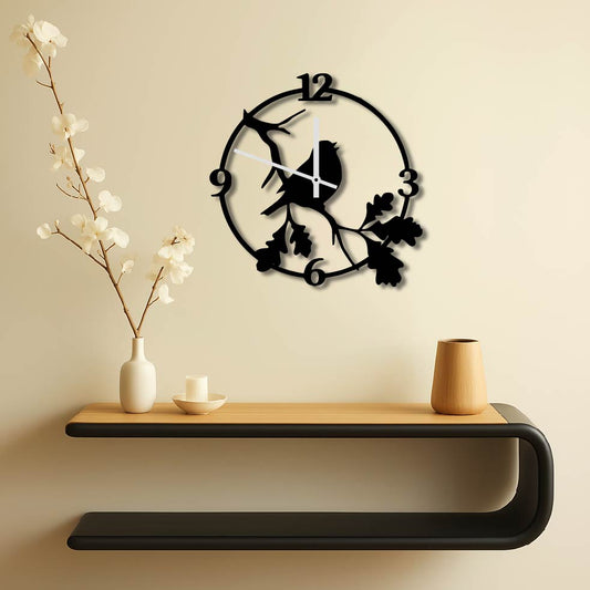 BIRD ON BRANCH METAL WALL ART CLOCK