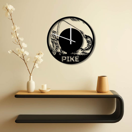 PIKE FISHING METAL WALL ART CLOCK