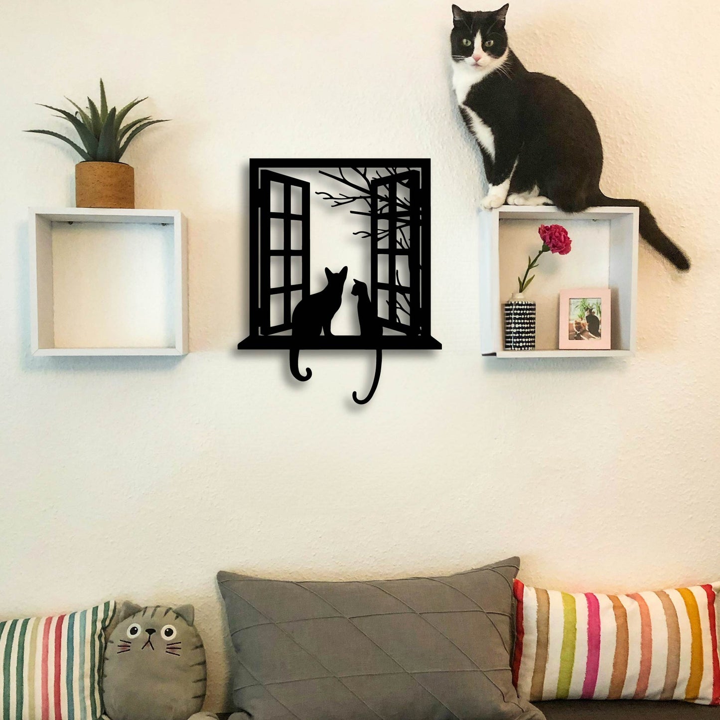 CATS LOOKING OUT WINDOW METAL WALL ART