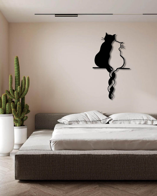 2 CATS IN LOVE SITTING TOGETHER WITH THEUR TAILS INTERTWINED TOGETHER METAL WALL ART FRAME